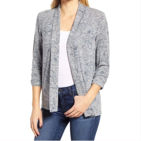 Bobeau Womens Hacci Open Cozy Cardigan Sweater in Denim Floral - NWT - Picture 2 of 9
